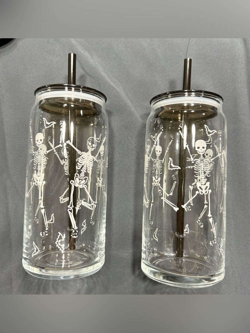 Set of 2 Halloween Dancing Skeleton Glass Can Sipper